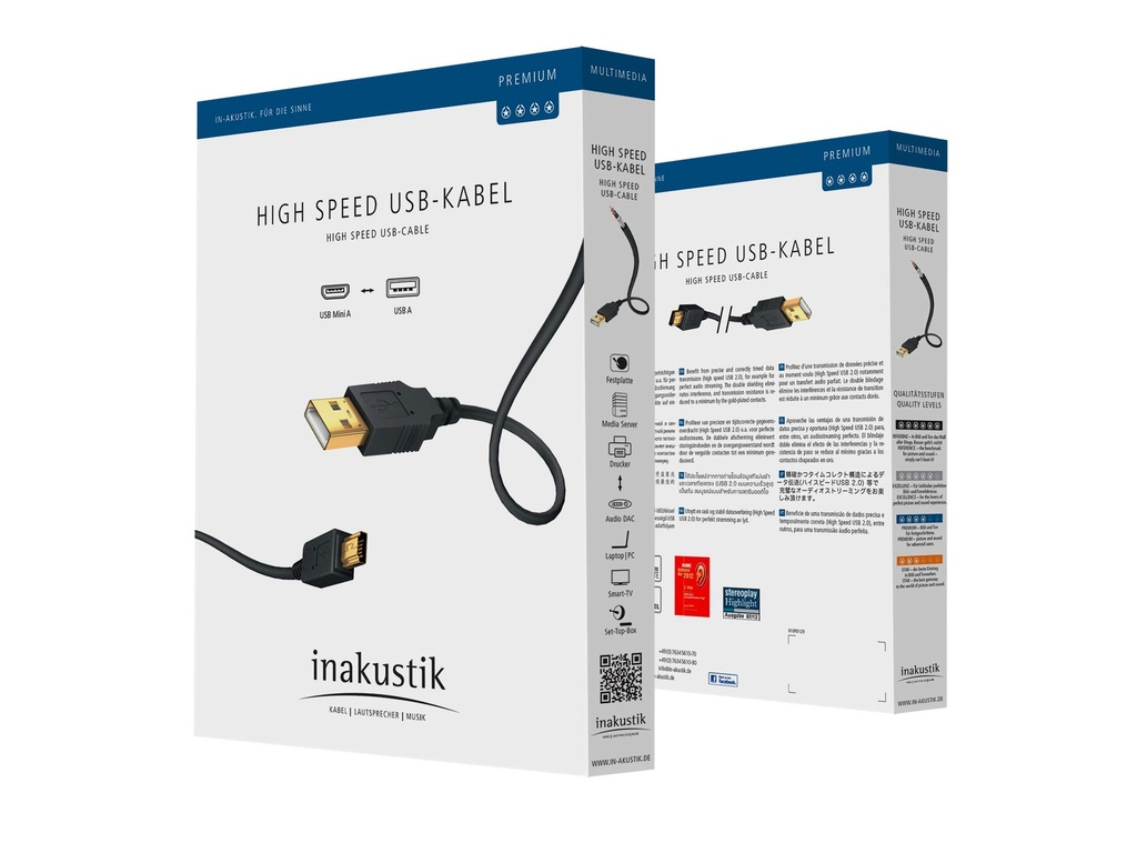 In-akustik Premium USB A <> USB B (v2.0) Datakabel